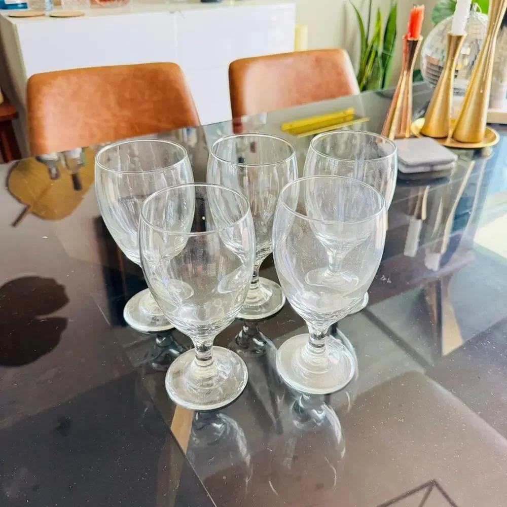 VINTAGE Clear Water Wine Heavy Thick Glass Goblet Stem Drink Ware Glasses Set 5